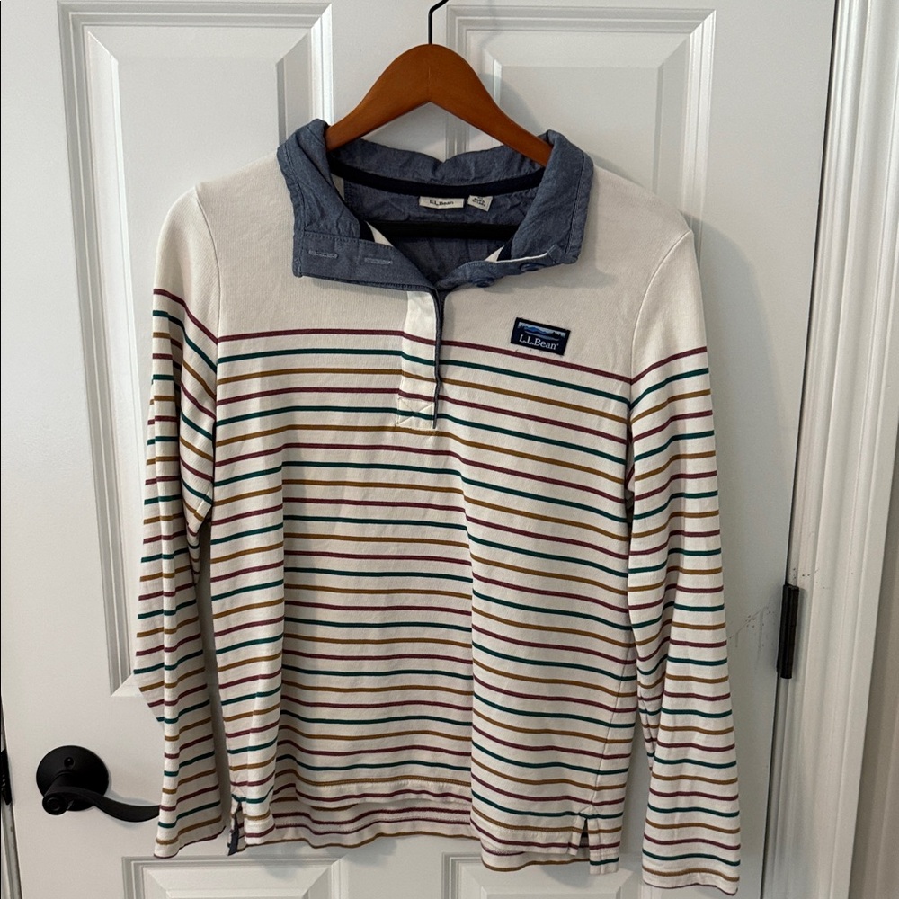 L.L. Bean Long Sleeve Striped Shirt - Cream and Blue
